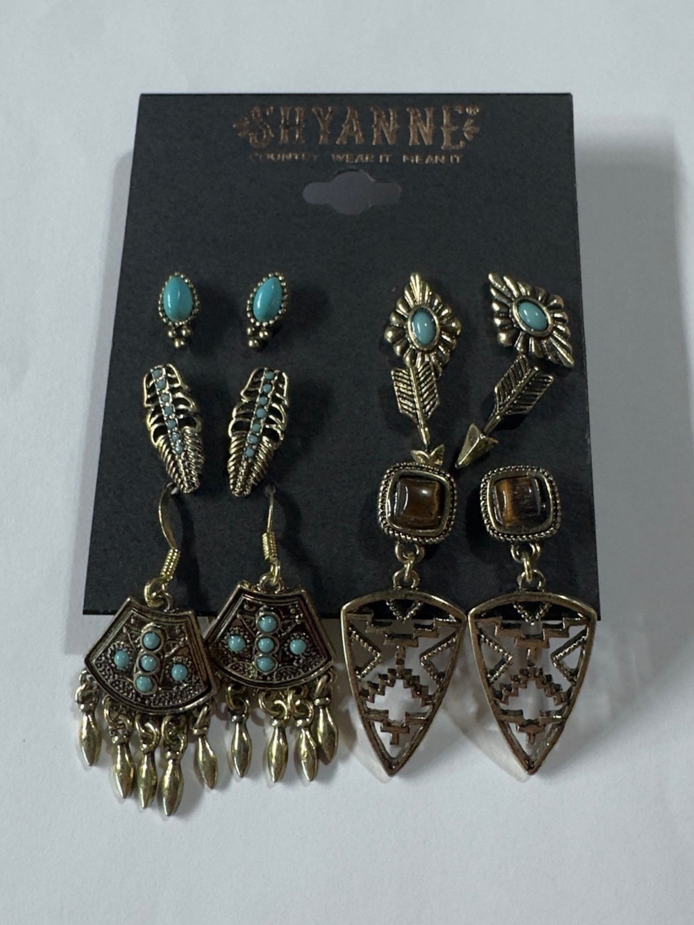 Shyanne Gold-Tone Earrings Set with Turquoise Accents - 5 Pairs